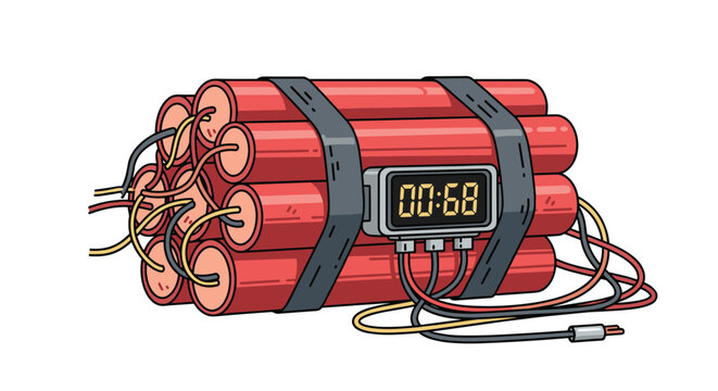 Red dynamite time bomb bundle with digital countdown timer and tangled wires is ready to explode on a white background.