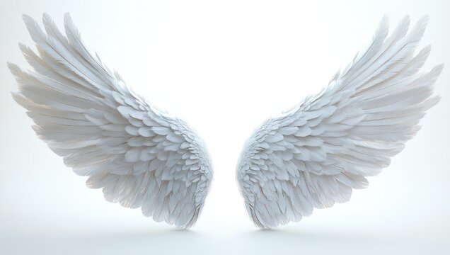 Pair of white feathered wings, symmetrical and serene, soft ethereal angelic wings on a clean white background