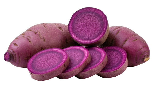 Isolated fresh raw organic purple sweet potatoes and slices cut, healthy root vegetable