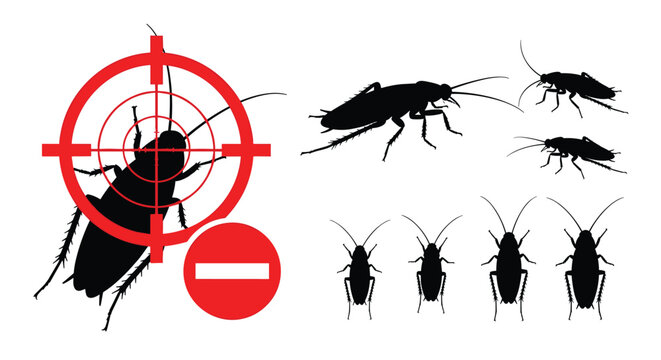 Pest control graphics showing black silhouettes of cockroaches under a red crosshair and a ban sign.