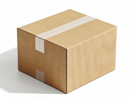 A plain cardboard box, sealed with clear tape, casting a shadow on white
