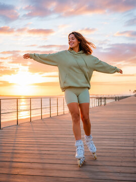 An individual rollerblades along a wooden boardwalk at sunset, enjoying a tranquil and solitary experience amidst warm colors and a serene landscape.