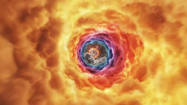 Tunnel of swirling orange clouds creates a vortex leading into a mysterious glowing core.
