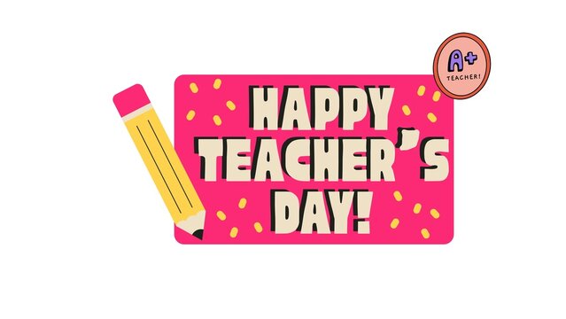 Colorful teacher s day greeting with pencil illustration and a plus grade symbol on white background