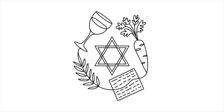 Passover holiday symbols with star of david matzah wine glass and bitter herbs as a simple black line art illustration for traditional jewish celebration