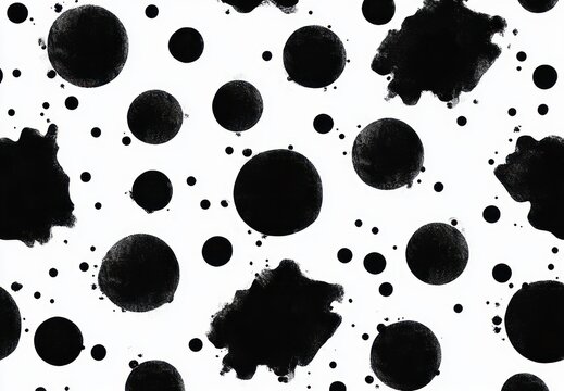black ink circles and irregular blotches scattered across a white background, playful energetic high-contrast abstract pattern