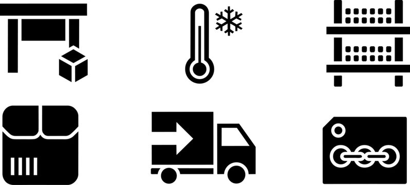 Logistics and shipping icons set featuring temperature control thermometer delivery truck storage shelves parcel box and linked tags and tag