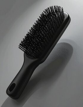 Sleek black hairbrush with firm bristles, resting on a textured grey surface