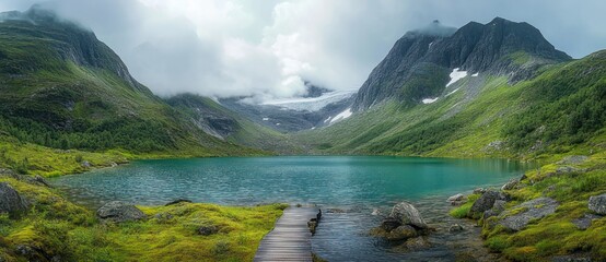 Obraz premium wooden jetty leading to a turquoise alpine lake cradled by misty green mountains and a distant glacier, evoking serene majestic solitude