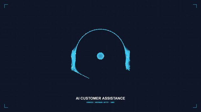 Digital AI customer assistance headset icon with glowing particle effects