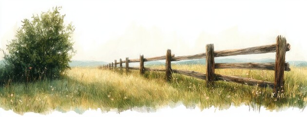 Obraz premium Rustic wooden fence stretching across a sunlit meadow with wildflowers and tall grass, a leafy tree at the edge, distant rolling hills and a soft tranquil sky evoking peaceful calm