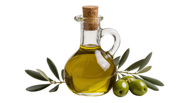 Isolated olive oil in glass carafe with fresh green olives and leaves