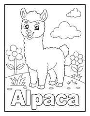 Fototapeta premium Alpaca Flashcard Coloring Page for Kids. Educational Farm Animal Name Worksheet for Children.