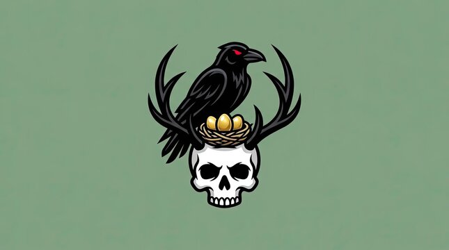 Black crow sitting on skull with gold eggs.