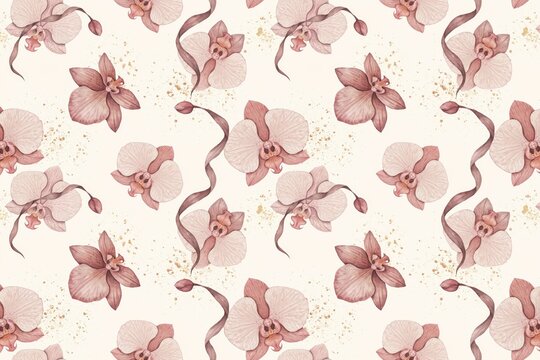 Seamless botanical pattern featuring watercolor pink orchid flowers and thin brown stems with gold paint splatters on a light cream background