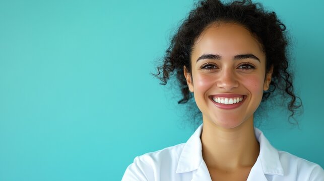 tudio portrait of a smiling young woman with curly dark hair, wearing a white collared shirt against a teal background