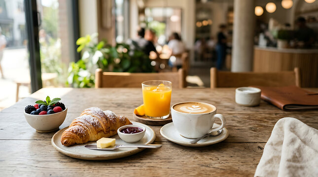 A delicious breakfast spread on a wooden table in a cozy cafe with a blurred background