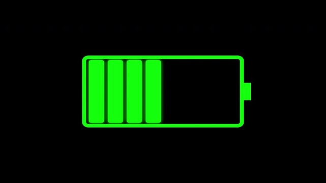 battery charging indicator from low to full cell phone battery green glowing on transparent background, 4k video