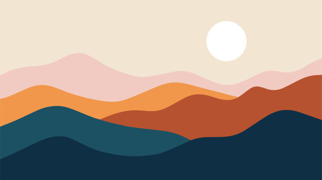 Abstract minimalist landscape illustration with mountains and sun vector design