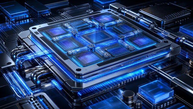 Blue-Lit Chiplet Array on Futuristic Circuit Board