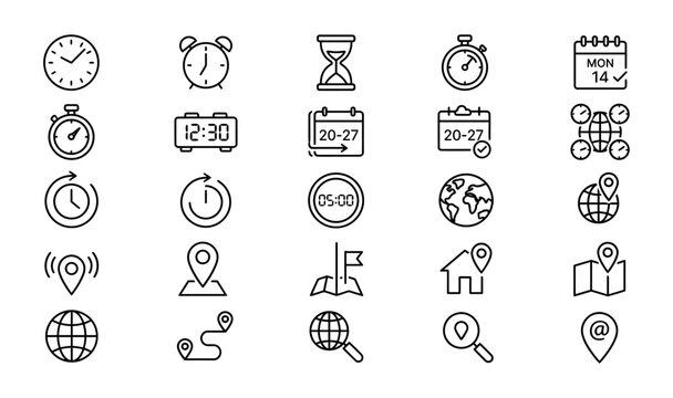 Collection of time, date, and location outline featuring clocks, calendars, globes, maps, and navigation symbols on white background