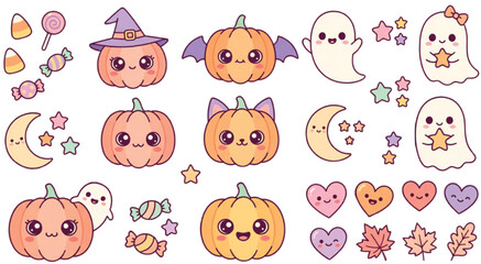 Fototapeta premium Kawaii Pumpkin Collection Set Halloween Cute Vector Characters Isolated on Transparent Background