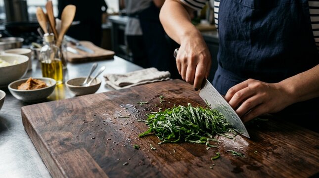プロの料理人がまな板で大葉を千切りする調理風景