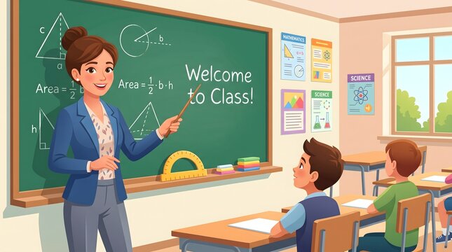 Friendly female teacher welcoming students in a classroom with a green chalkboard showing geometry math formulas and welcome to class text for school education and learning concept