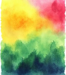 Obraz premium vibrant watercolor wash of golden yellow and pink sky blending into layered green forest silhouettes, calm and uplifting atmosphere