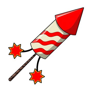 Cartoon firework rocket with red stripes and star sparks