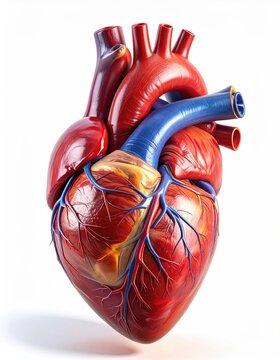 Realistic anatomical human heart with blue veins, isolated on white