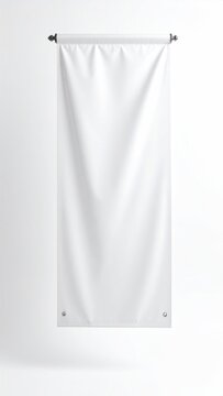 Blank white vertical banner suspended from a rod with grommets at bottom