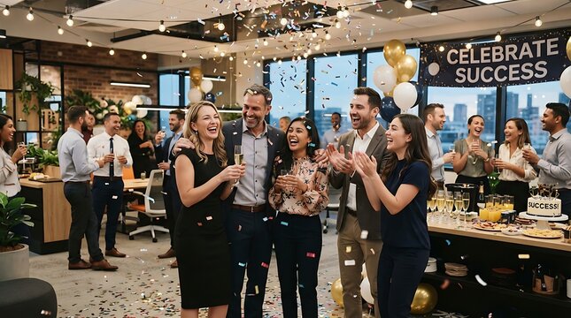 Diverse group celebrating success with confetti and balloons in modern office