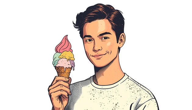 Young man holding a colorful ice cream cone with multiple scoops and a smile