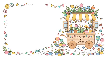 A charming pastel vector illustration featuring a whimsical flower and candy cart surrounded by a decorative border of sweets and blossoms. © Regina