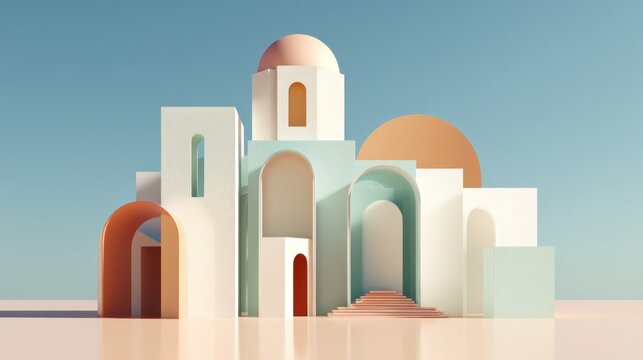 Pastel-hued abstract architectural forms, featuring arched doorways, geometric shapes, and a domed structure, set against a light blue sky on a reflective surface