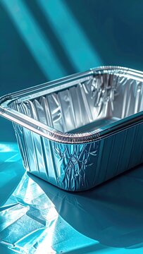 Shiny metal baking pan casting dramatic shadows under blue light