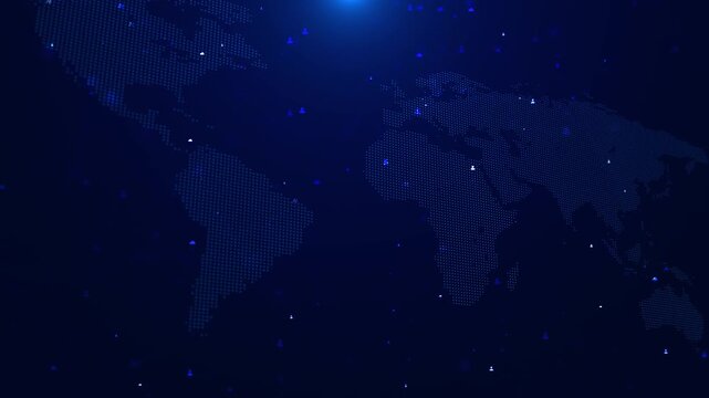 Dark global AI network visual with blue dotted map, scattered user symbols, and technology connection depth. Perfect for analytics videos, business screens, data reports, and cyber overlays.