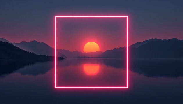 Geometric Neon Frame Overlooking a Serene Sunset Lake and Mountains