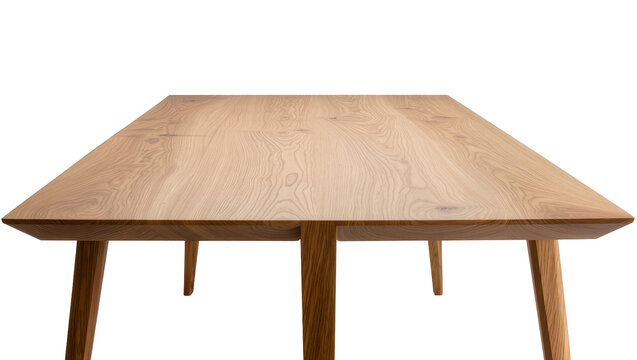 Isolated modern wooden dining table with natural wood grain, elegant design and angled legs.