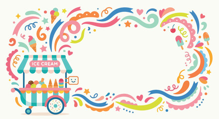 A whimsical vector illustration of a colorful ice cream cart with festive swirls and treats framing a central white space for text. © Regina