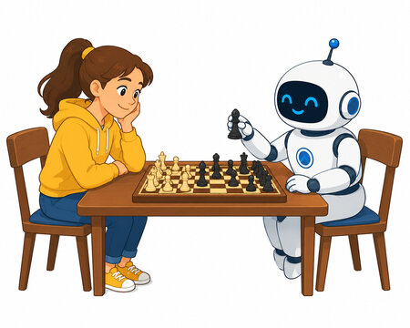 A young girl and a friendly white robot sitting across from each other at a wooden table, playing a classic game of chess. The robot is thoughtfully holding a chess piece