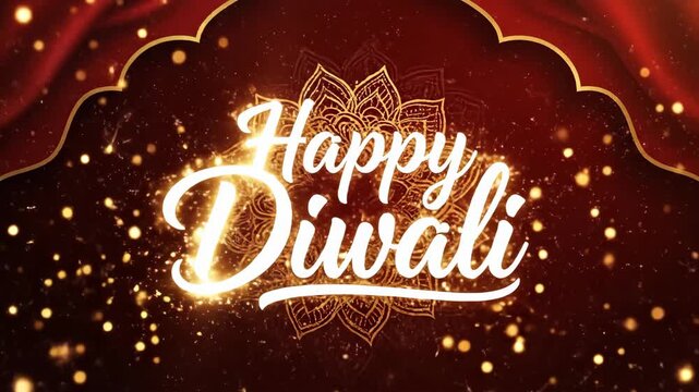 Happy Diwali sparkling text on red stage background.