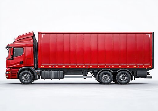 Red articulated cargo truck with large box trailer on clean white background, conveying strength and reliability