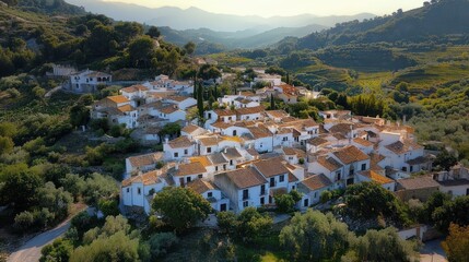Obraz premium Sunlit hillside Mediterranean village of clustered white houses with terracotta roofs among olive groves and cypress trees, peaceful golden-hour scene over rolling green hills and distant mountains