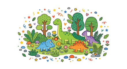 A charming vector illustration features a group of cute, colorful dinosaurs gathering in a vibrant forest filled with flowers and festive confetti. © Regina