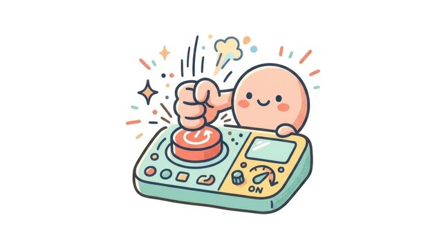 Cartoon character pressing a large red button on a control panel