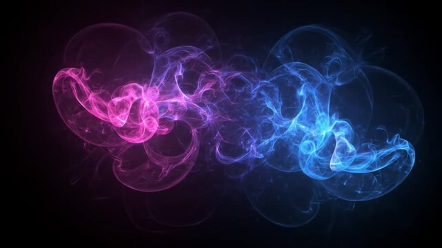 Abstract cloudlike forms in pink and blue glow against a dark background