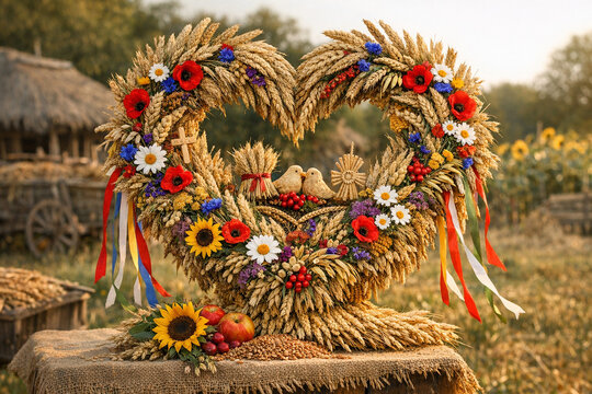Traditional Polish Dożynki.  Wieniec Dożynkowy. Harvest  Festival Wreath in Heart Shape with Flowers and Wheat.