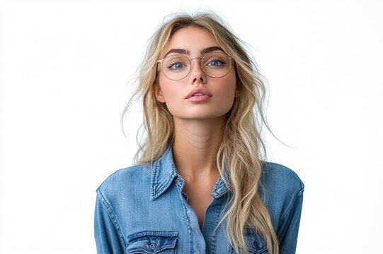 anonymous portrait of a person with a blurred face, long blonde wavy hair and denim button-up shirt on a white background conveying mystery and quiet aloofness